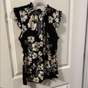 Adrienne Vittadini Black Floral Ruffle Sleeve Blouse